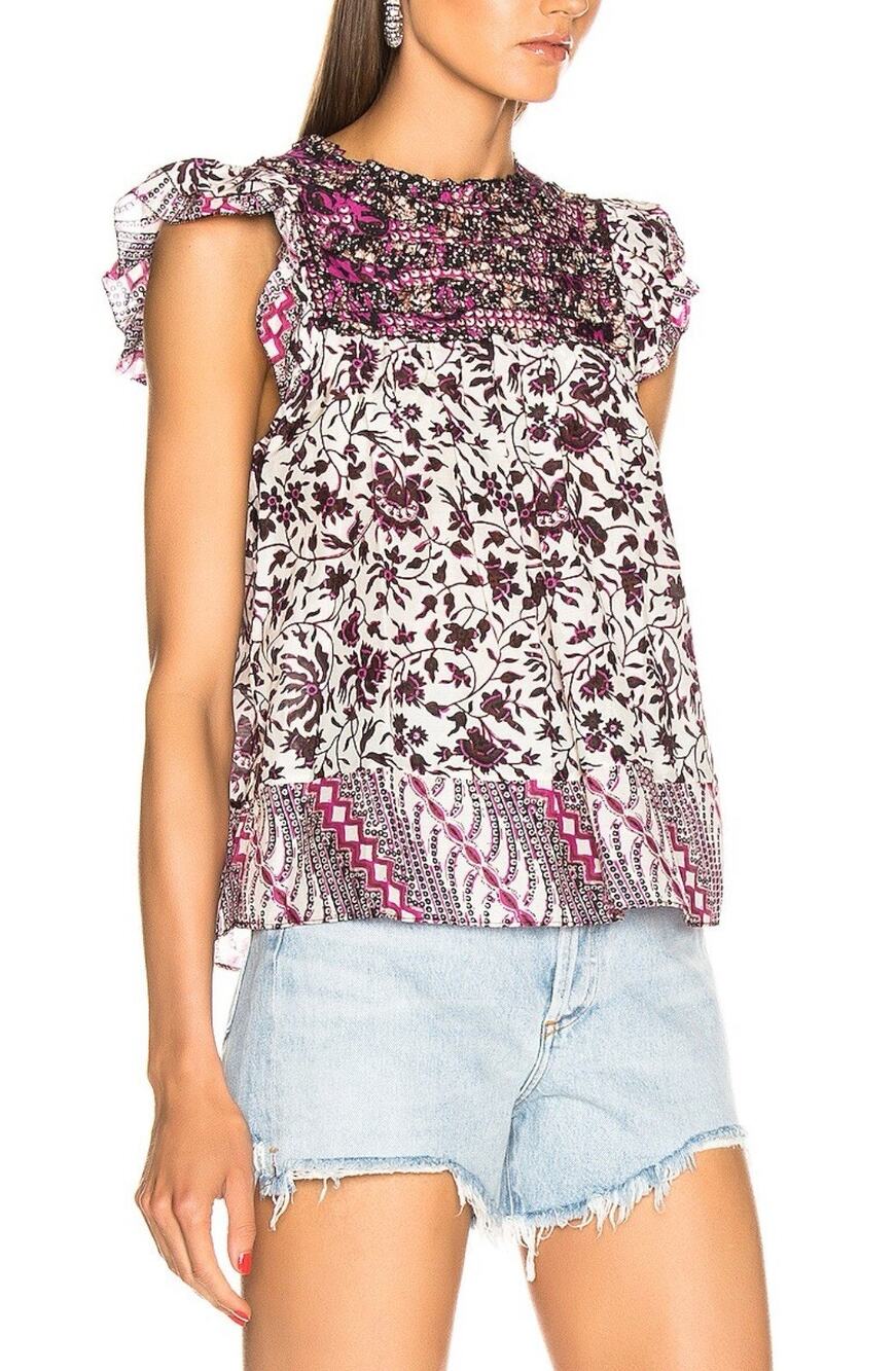 ULLA JOHNSON Nuru Top S M Shirt Printed Flutter Sleeve Ruffle Blouse BOHO